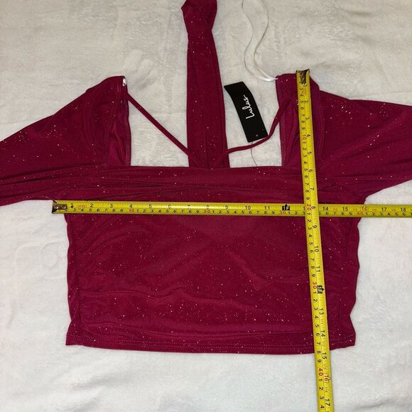 Lulus Medium Dark Pink Glitter Ruched Crop Top Long Sleeve Back Tie NWT - Picture 7 of 8